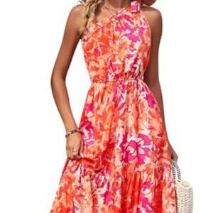 PRETTYGARDEN Women's Floral Maxi Dress 2024 Knot One Shoulder Sleeveless Ruffle